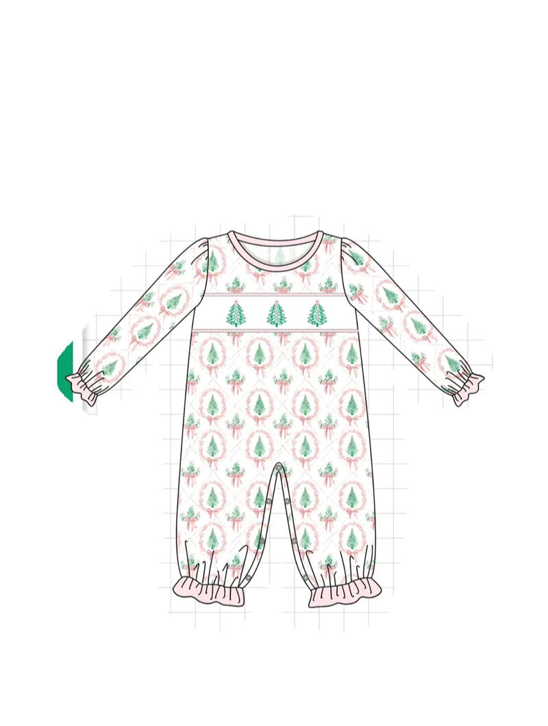 Pink Christmas Tree Embroidery Romper