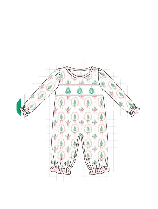 Pink Christmas Tree Embroidery Romper