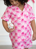 Load image into Gallery viewer, Girls Baseball Bow Print Pajama Set Short Sleeve Pink
