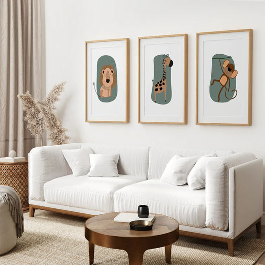 Cute Safari Baby Animals Set of 3 Art Prints