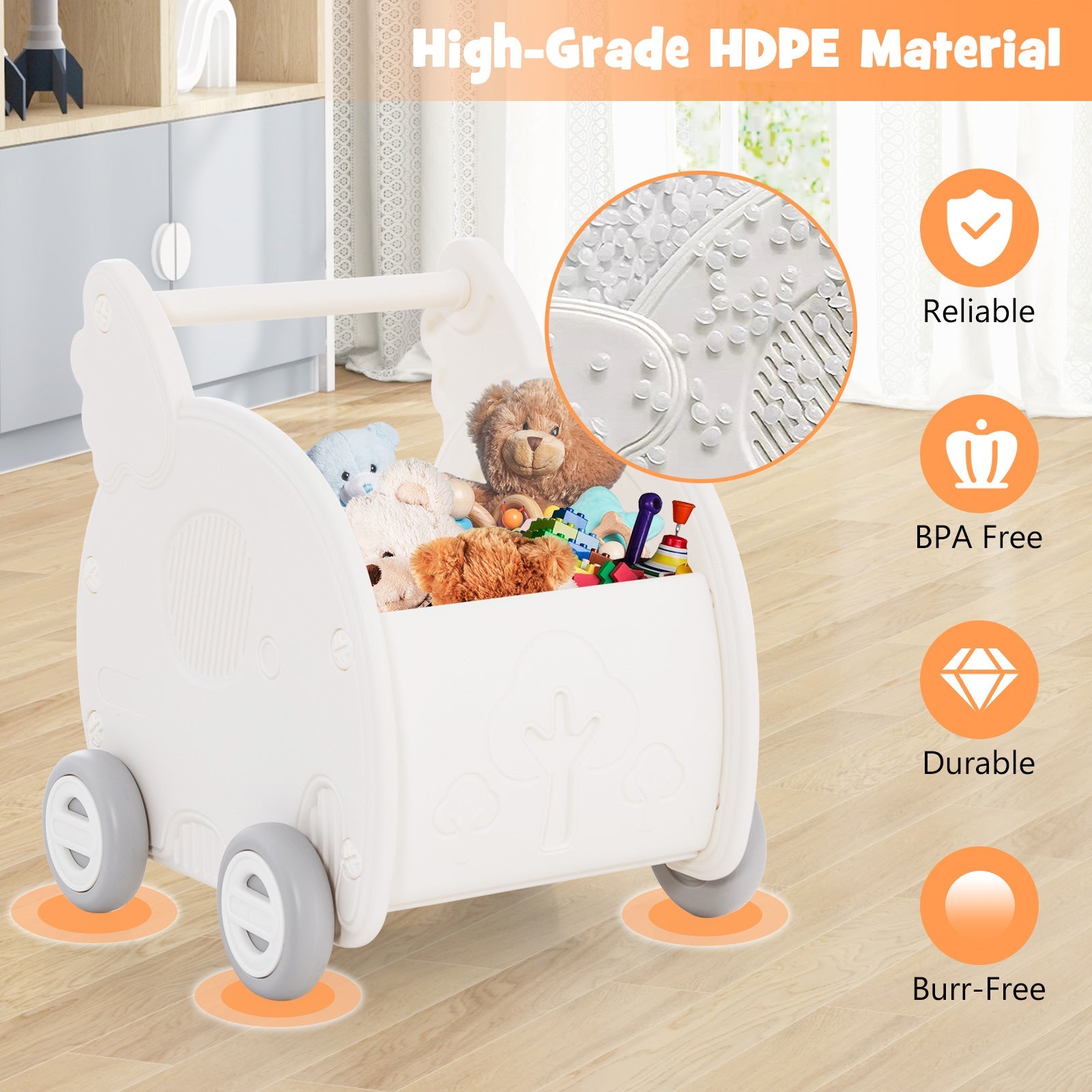 Baby Walker Push Toy with Handle for Boys Girls of 3+ Years Old-White