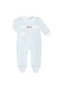 Load image into Gallery viewer, Blue Herringbone Embroidered Footie
