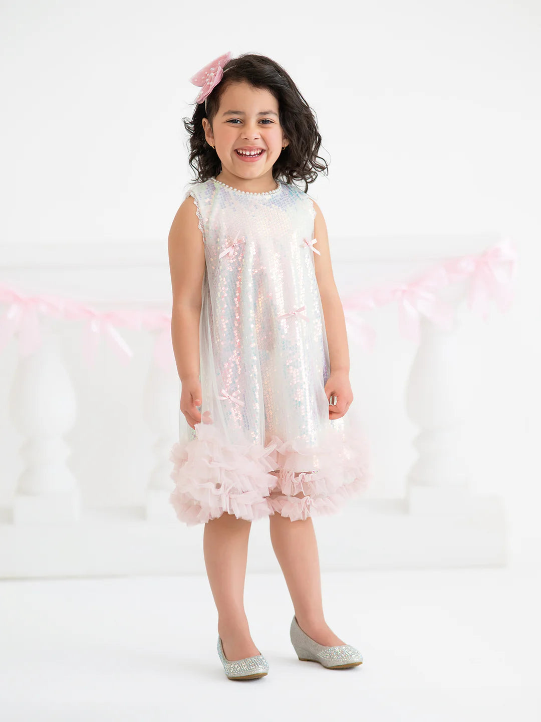 Iridescent Sequin Bow Ruffle Tulle Girls Dress