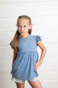 Load image into Gallery viewer, Ella Dusty Blue Ribbed Flutter Shirt
