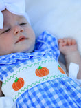 Load image into Gallery viewer, Fall Thanksgiving& Halloween Blue Pumpkin Smock Embroidery Baby Girl Romper

