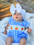 Load image into Gallery viewer, Fall Thanksgiving& Halloween Blue Pumpkin Smock Embroidery Baby Girl Romper
