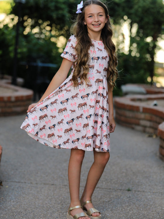 Girls Western Horse Print Twirl Dress Short Sleeve