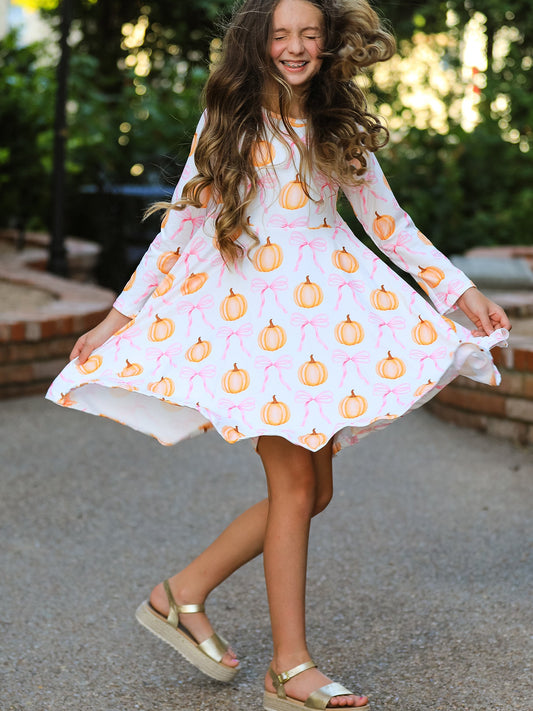 Fall Halloween & Thanksgiving Pumpkin Bow Print Long Sleeve Dress