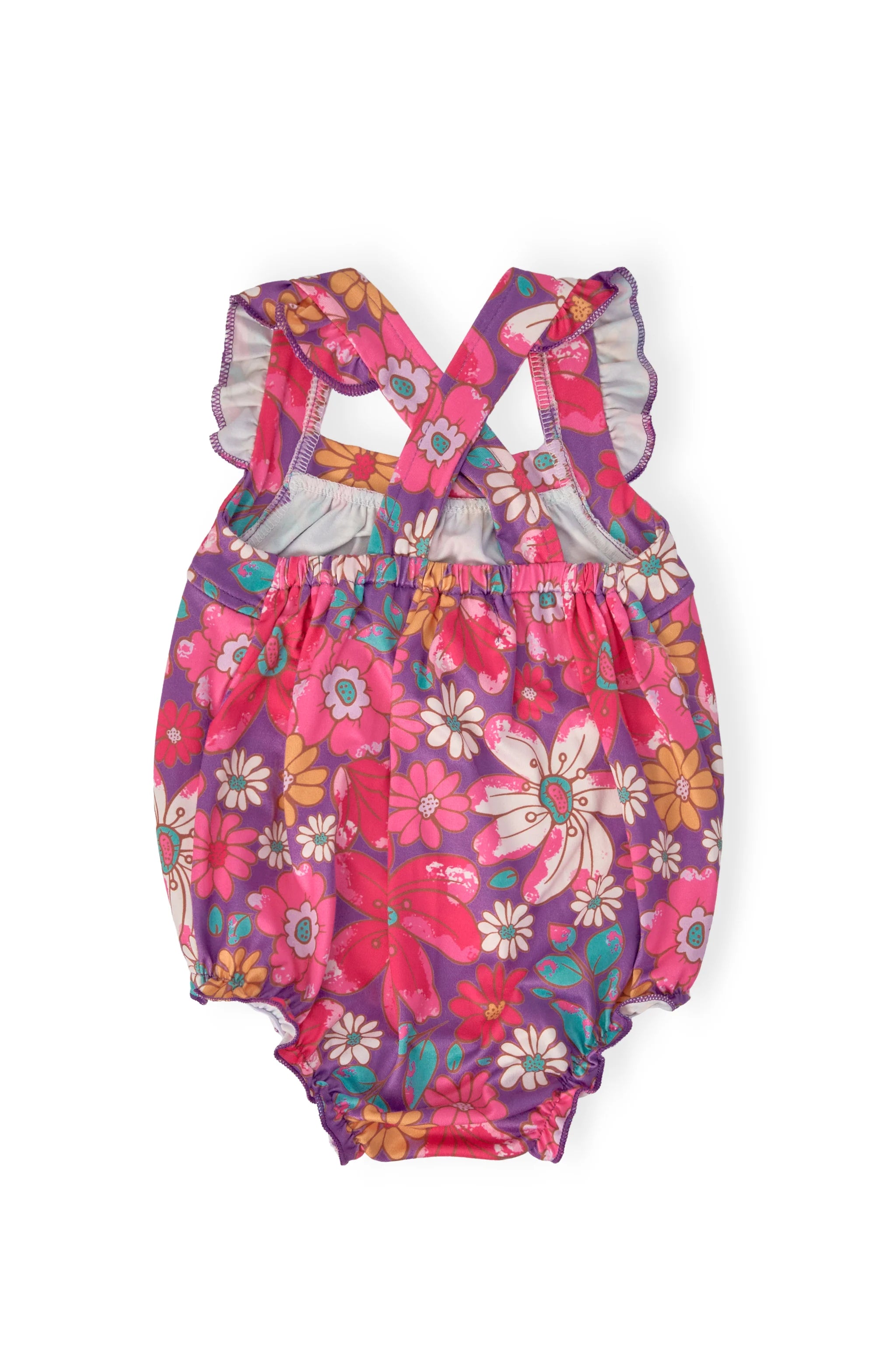 HAWAIIAN FLORAL RUFFLE CROSS BACK ROMPER