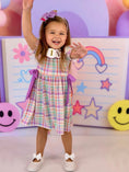 Load image into Gallery viewer, Back To School Plaid Crayon Embroidery Girls Dress Bow Puff Sleeve

