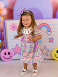 Load image into Gallery viewer, Back To School Plaid Crayon Embroidery Girls Dress Bow Puff Sleeve
