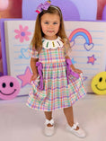 Load image into Gallery viewer, Back To School Plaid Crayon Embroidery Girls Dress Bow Puff Sleeve
