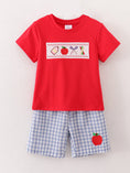 Load image into Gallery viewer, Boys Back to School Pencil Apple Applique Plaid Shorts Set
