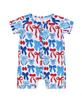 Load image into Gallery viewer, Bamboo Shorty Romper  | Red-White & Bows
