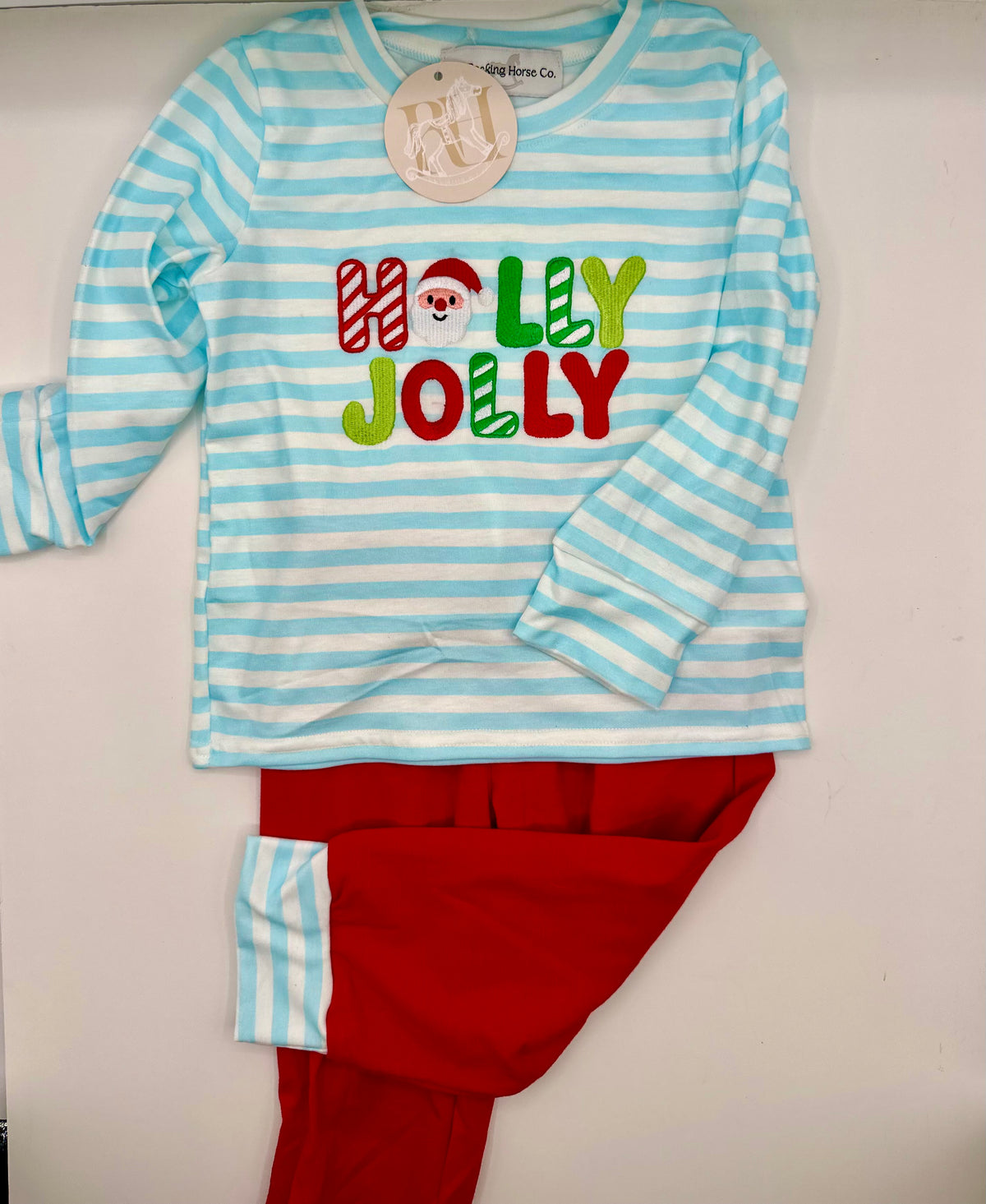 Blue Stripe Christmas Holly Jolly Embroidery Pants Set