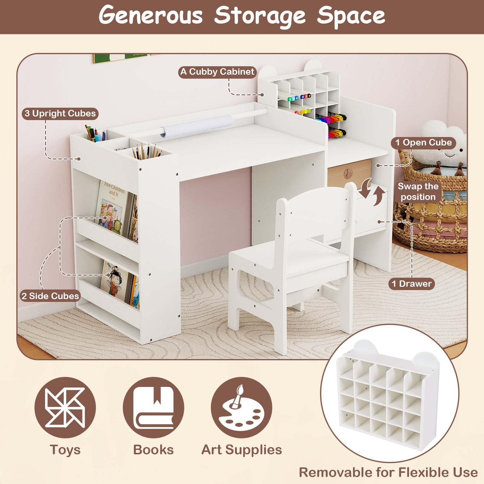 Kids Art Table and Chair Set with Detachable Paper Roll Holder and Cabinet