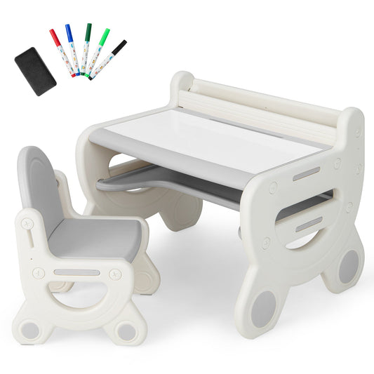 Kids Drawing Table and Chair Set with Watercolor Pens and Blackboard Eraser