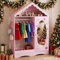 Load image into Gallery viewer, Kids Dress Up Storage with Mirror Roofed Wardrobe Closet with Open Hanging Rack
