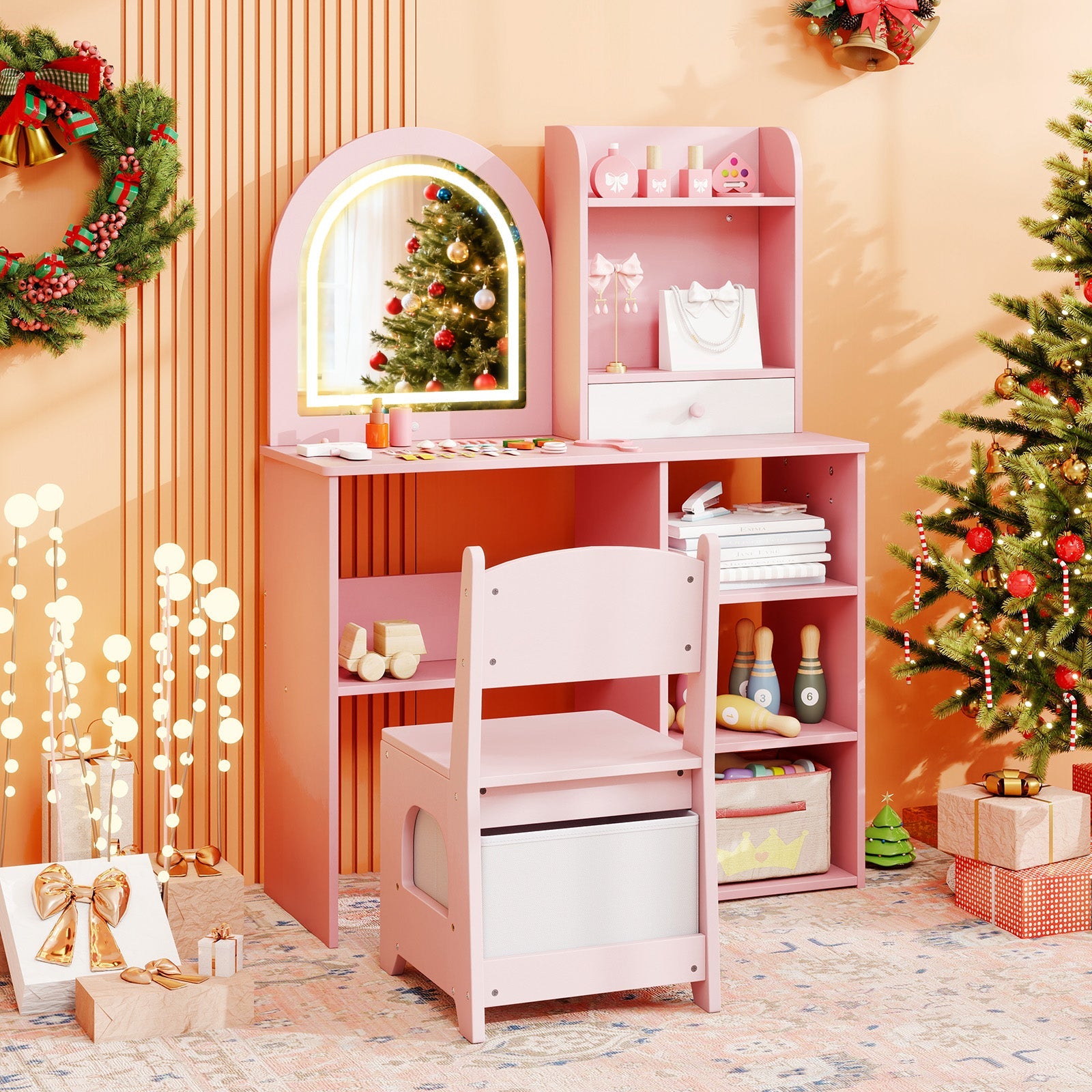 Kids Vanity Set Princess Girls Makeup Vanity Desk with Chair and 3-Color LED Lighted Mirror