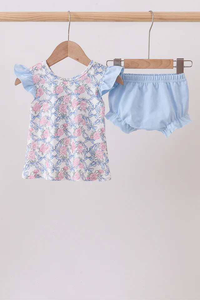 BLUE FLORAL BOW BLOOMER SET