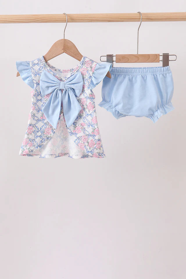 BLUE FLORAL BOW BLOOMER SET