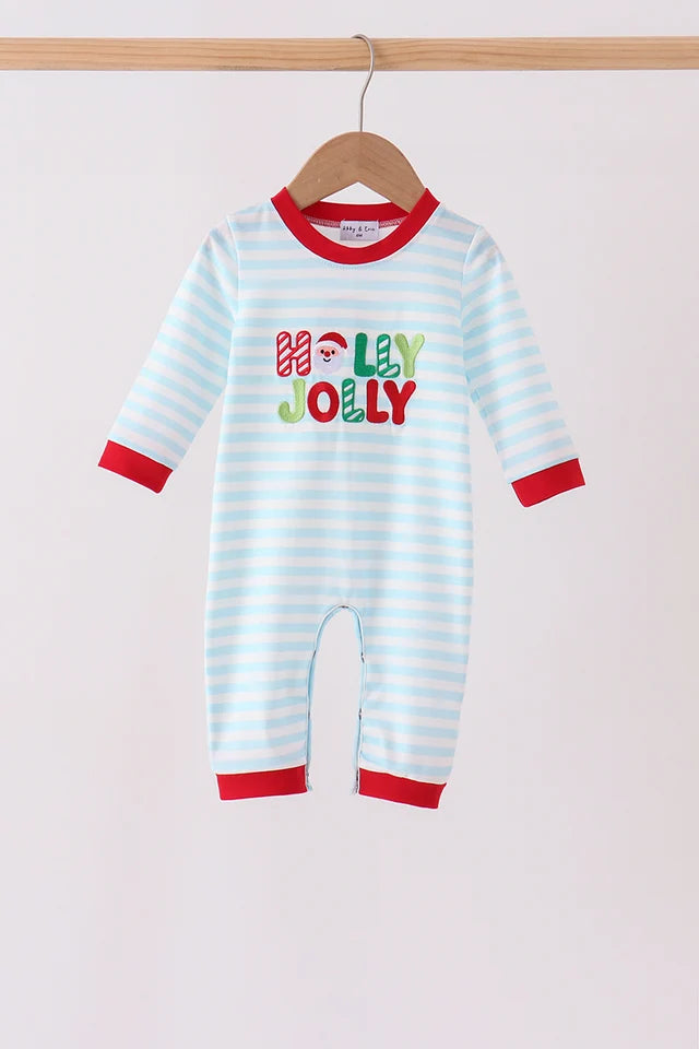 Blue Stripe Holly Jolly Romper
