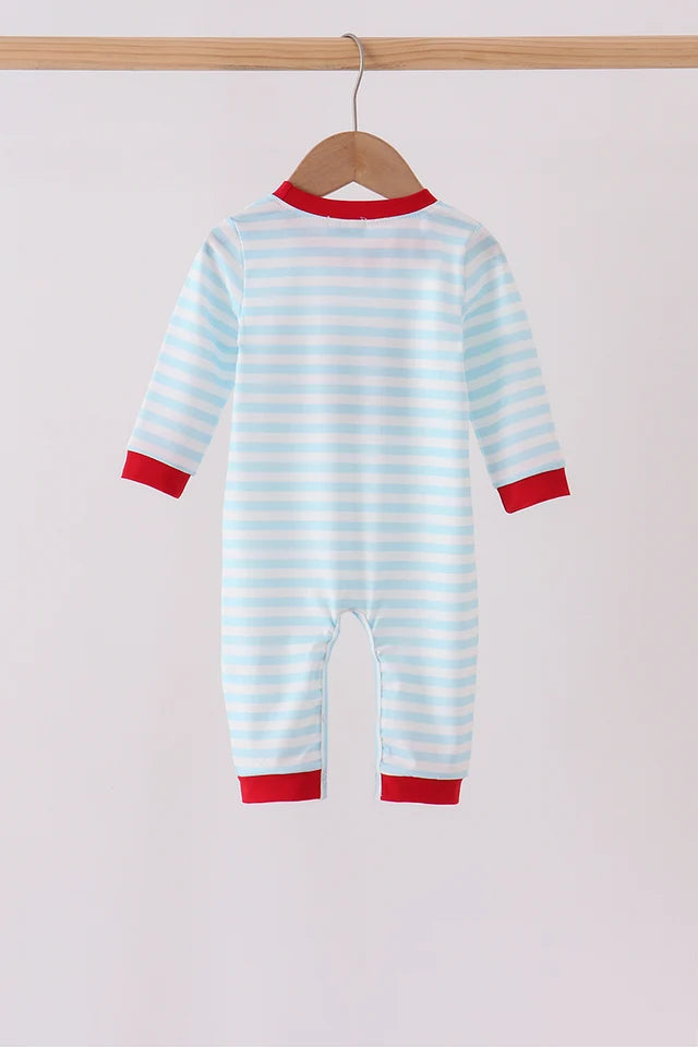 Blue Stripe Holly Jolly Romper