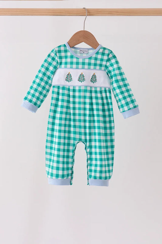 Plaid Christmas Tree Embroidery Boy Onesie