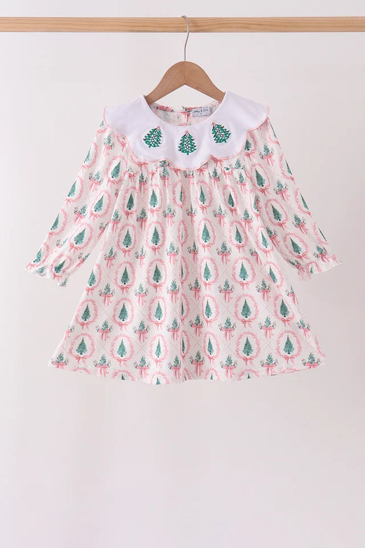 Pink Christmas Tree Embroidery Dress