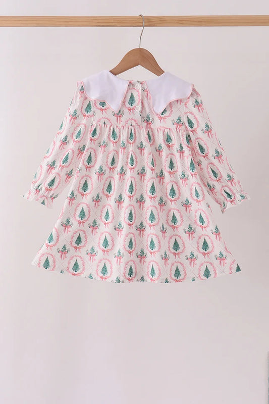 Pink Christmas Tree Embroidery Dress