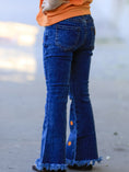 Load image into Gallery viewer, Girls Pumpkin Embroidered Flare Jeans Fall Denim Pants with Fringe Hem
