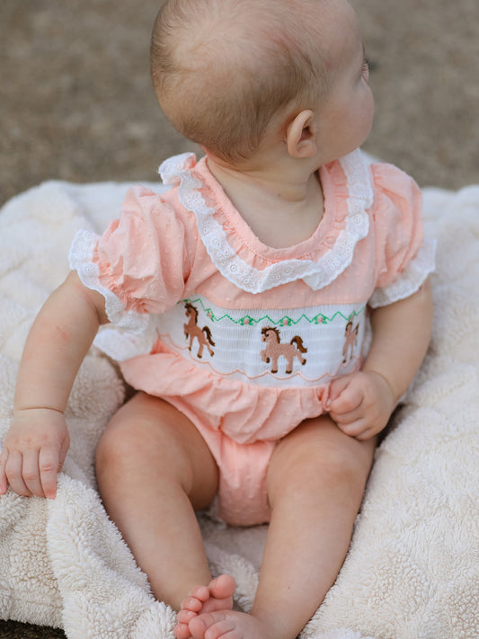 Western Horse Embroidery Girls Romper Lace Petals Collar Puff Sleeve