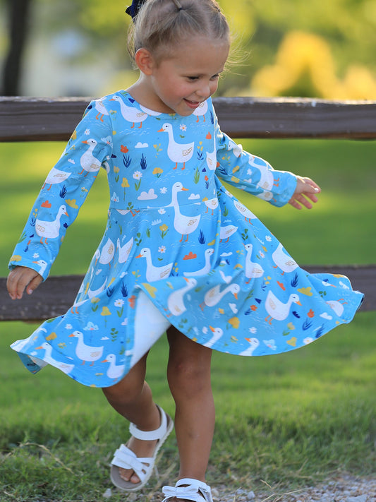 Fall Goose Print Girls Long Sleeve Twirl Dress