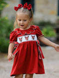 Load image into Gallery viewer, Girls Christmas Reindeer Smocked Red Bow Dress
