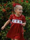 Load image into Gallery viewer, Girls Christmas Reindeer Smocked Red Bow Dress
