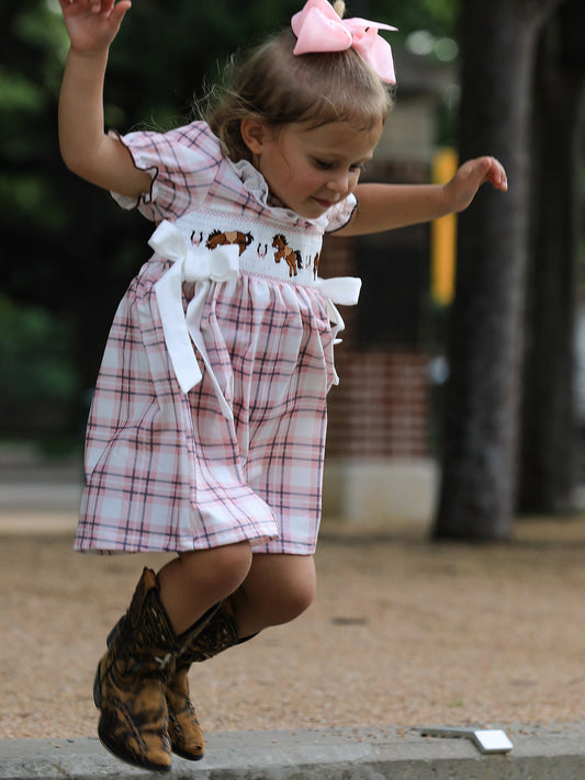 Western Horse Embroidered Smocked Plaid Girls Dress
