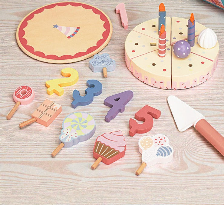 Wooden Birthday Cake Toy: 24-Piece Montessori Pretend Play Set