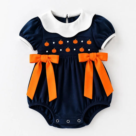 Toddler Girls Fall Pumpkin Embroidery Cotton Smocked Romper