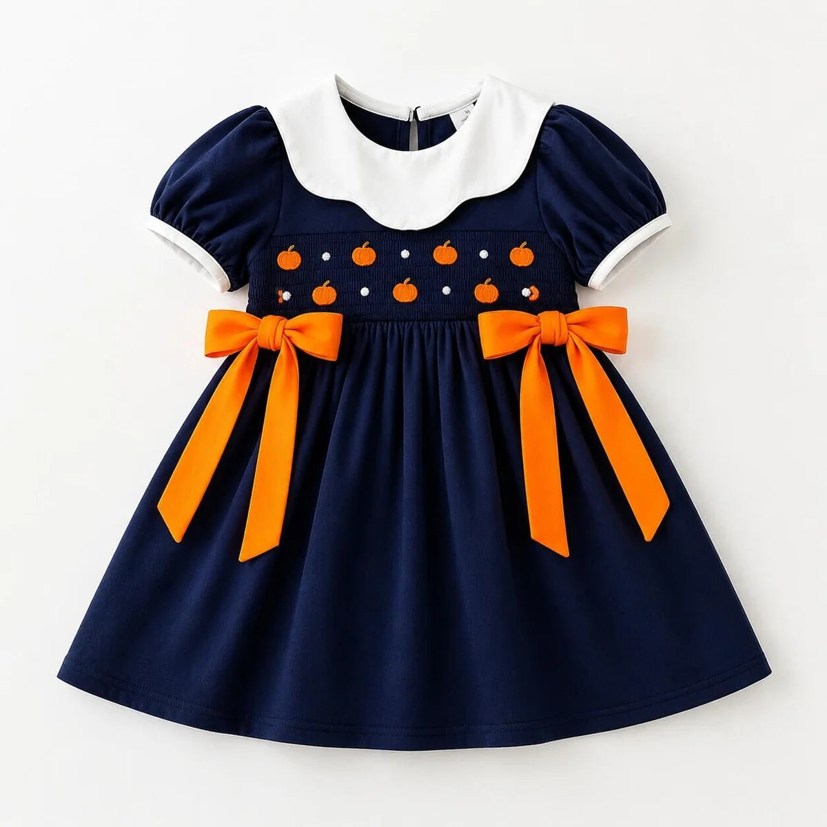 Girls Fall Pumpkin Embroidery Smocked Dress