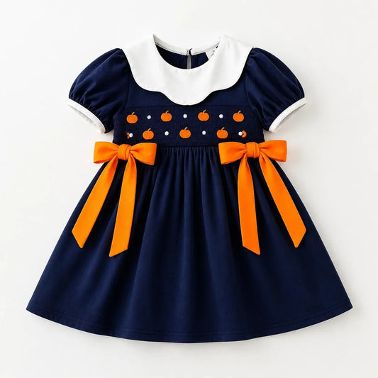 Girls Fall Pumpkin Embroidery Smocked Dress