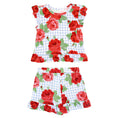 Load image into Gallery viewer, Two-Piece Short Sleeve + Shorts Ruffle Set - Blue Gingham + Red Roses
