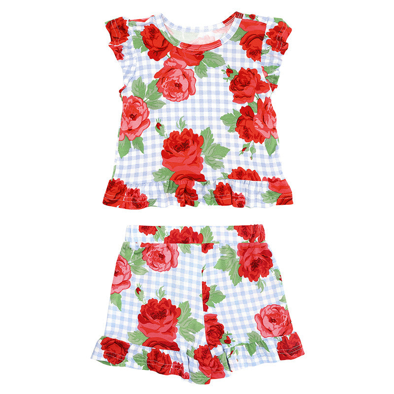 Two-Piece Short Sleeve + Shorts Ruffle Set - Blue Gingham + Red Roses