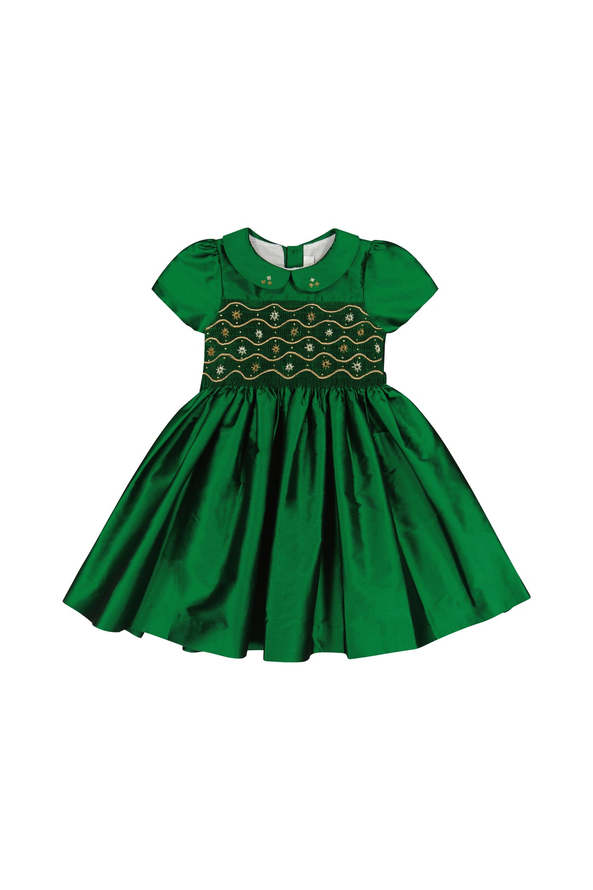 Stella Green Silk Short Sleeve Smocked Dress