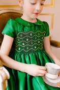 Load image into Gallery viewer, Stella Green Silk Short Sleeve Smocked Dress
