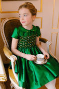 Load image into Gallery viewer, Stella Green Silk Short Sleeve Smocked Dress
