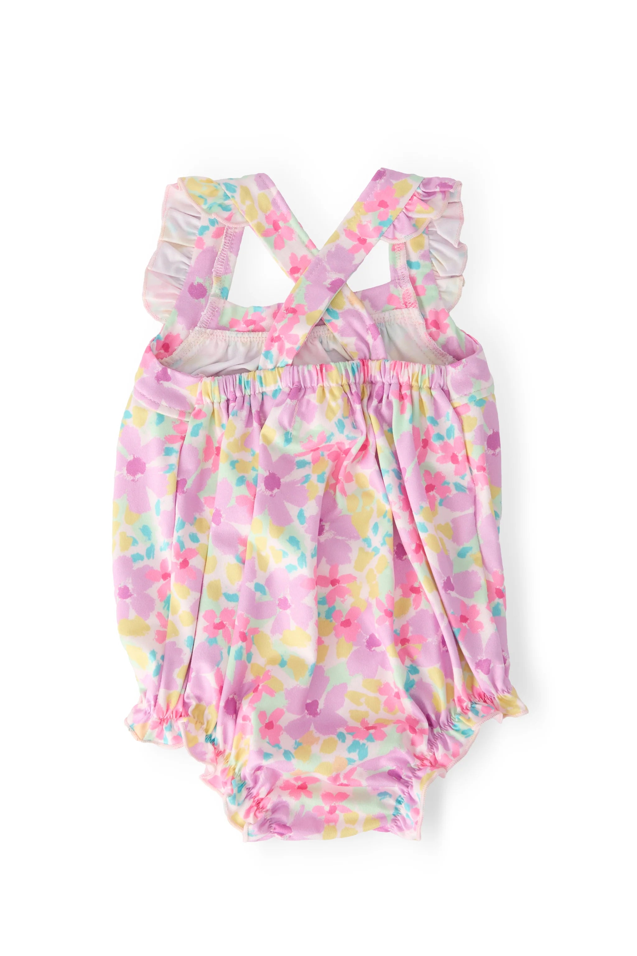 SUMMER WATERCOLOR RUFFLE CROSS BACK ROMPER
