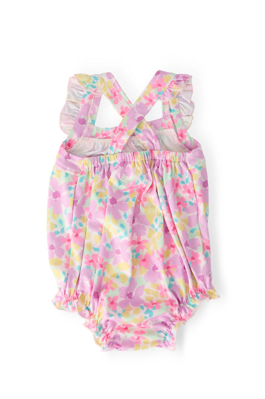 SUMMER WATERCOLOR RUFFLE CROSS BACK ROMPER