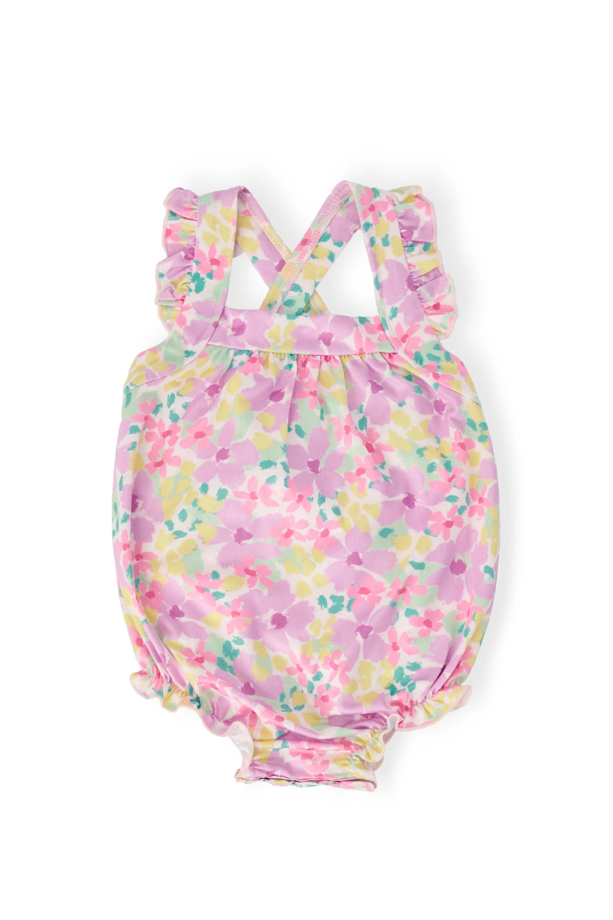 SUMMER WATERCOLOR RUFFLE CROSS BACK ROMPER