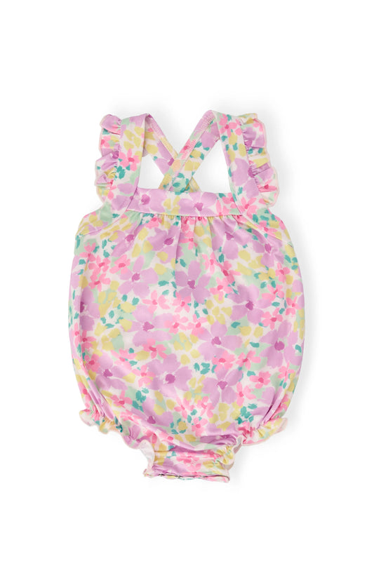 SUMMER WATERCOLOR RUFFLE CROSS BACK ROMPER