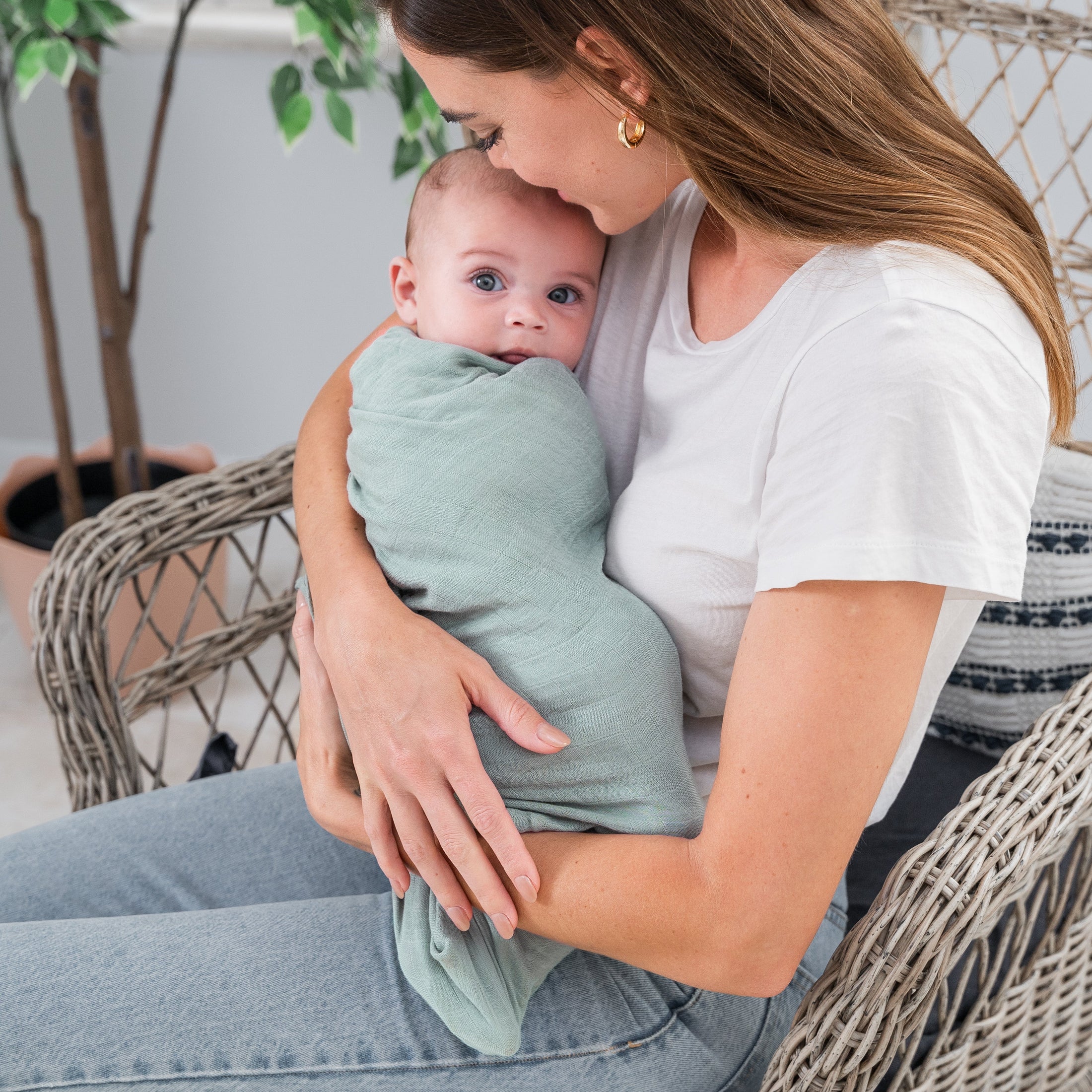 Muslin Swaddle Blanket in Pacific Blue & Fern, 2 Pack